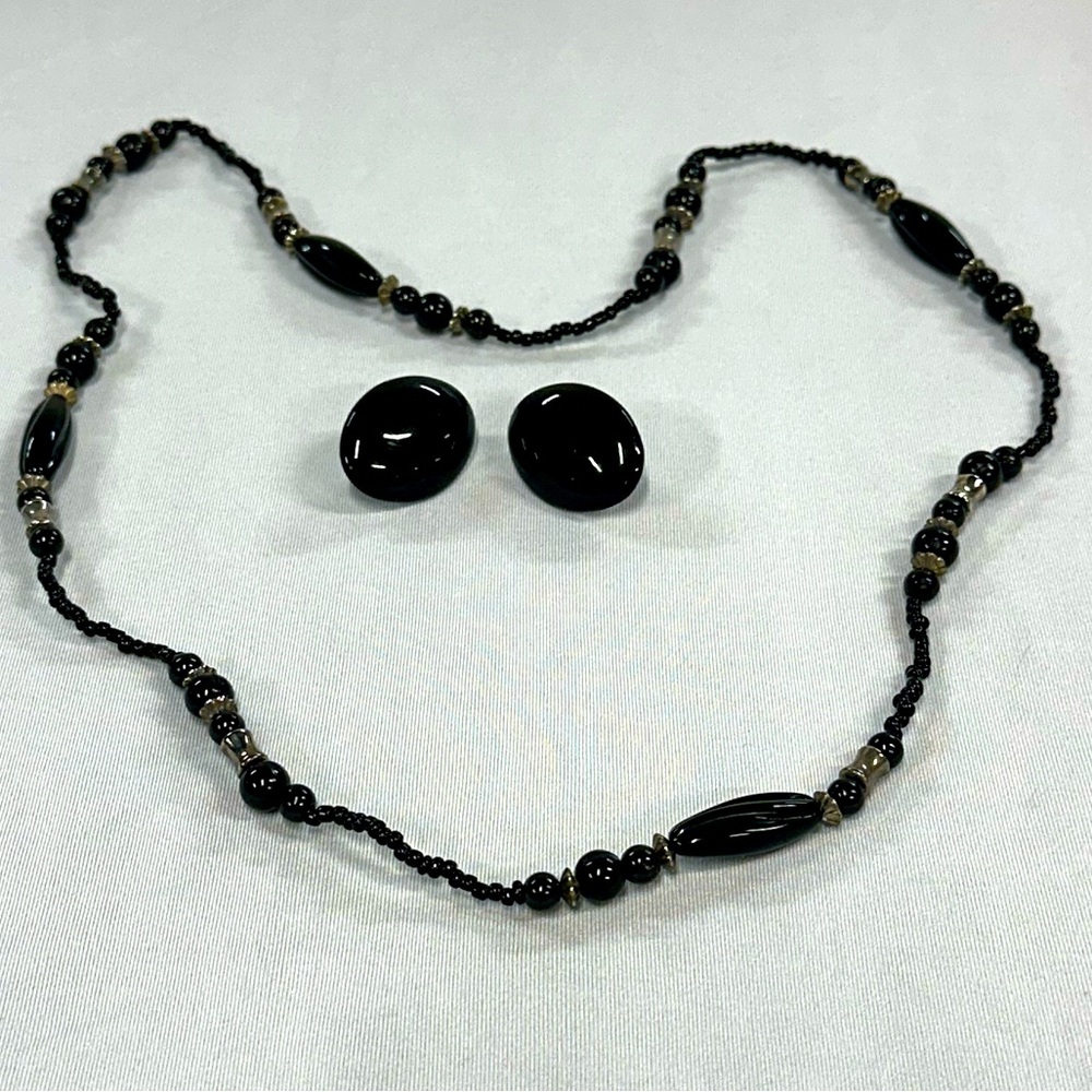 Vintage Black Beaded Necklace with Clip-on Earrings